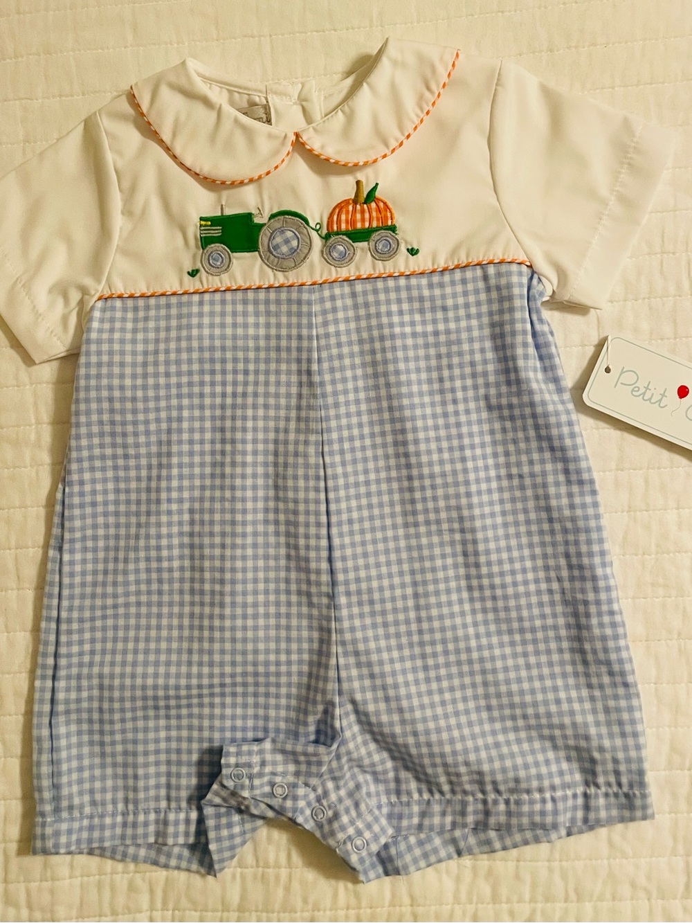 Petit Ami Blue & White Gingham Romper with Pumpkin Tractor